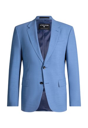 Blazer da uomo azzurro chiaro con rever a incavo, due bottoni frontali, tasche con pattina e fodera interna blu scuro.