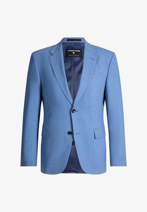 Hellblauer Herrenblazer mit Kerbkragen, zwei vorderen Knöpfen, Pattentaschen und dunkelblauer Innenfütterung.