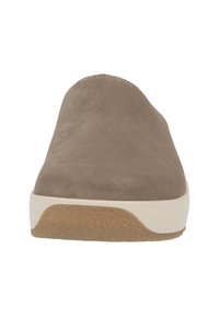 Suede slip-on shoe in a muted taupe color, featuring a smooth upper, a white midsole, and a textured light brown outsole.