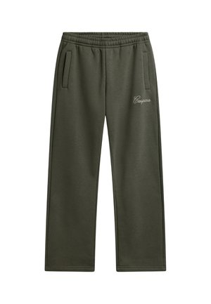 Mørkegrønne joggingbukser med elastisk talje, sidelommer, lige ben og hvid kursiv tekst "Caspara" på højre lår.