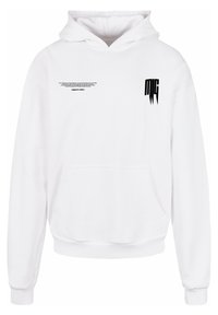 White hooded sweatshirt with a front pouch pocket, black text and logo on the chest, made of soft cotton blend fabric.