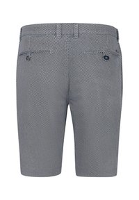 Grau gemusterte Shorts mit strukturierter Oberfläche, ausgestattet mit einem Knopfverschluss und zwei Gesäßtaschen. Taillierte Passform und gerader Schnitt.