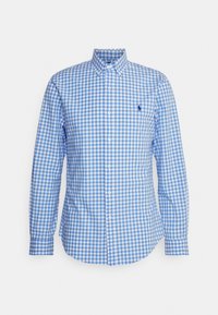Blå och vit rutmönstrad långärmad skjorta med knapp-ned krage, med en liten broderad logotyp på vänster bröst.