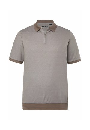 Męska koszulka polo z krótkim rękawem w jasnobrązowym kolorze z ciemniejszym brązowym kołnierzykiem, plisą na zamek, mankietami na rękawach i pasem w talii.