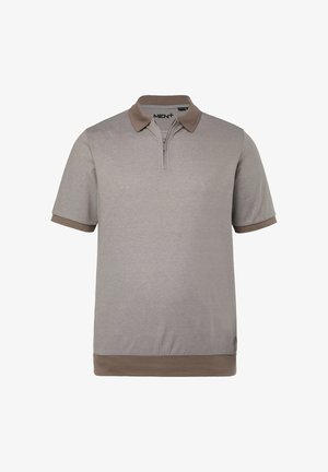 Heren polo met korte mouwen in lichtbruin met donkerbruine kraag, ritssluiting, mouwboorden en tailleband.