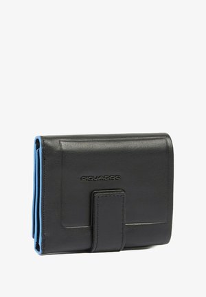 Black leather wallet with a smooth texture, featuring a blue interior, a secure clasp, and embossed branding on the front.