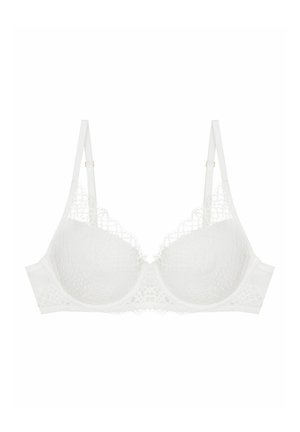 Biały koronkowy biustonosz z fiszbinami i nieusztywnianymi miseczkami. Posiada regulowane ramiączka i finezyjne detale koronkowe wzdłuż krawędzi miseczek.