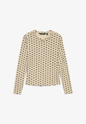 Långärmad topp i beige med ett upprepat blommönster i mörka nyanser. Mjuk tygkvalitet med rundad halsringning och figurnära silhuett.