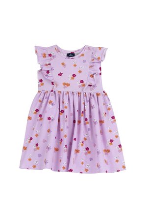 Abito di cotone lavanda con stampa floreale in rosso, rosa e arancione. Caratterizzato da maniche arricciate e un design a gonna a campana.