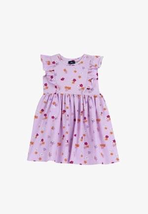 Lavendel bomulds kjole med blomsterprint i rød, pink og orange. Har flæsedetaljer på ærmerne og et udtrækkende skørtedesign.