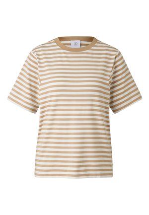 Bawełniana koszulka w paski z krótkimi rękawkami, z naprzemiennymi poziomymi paskami w kolorach beżowym i białym oraz okrągłym dekoltem.