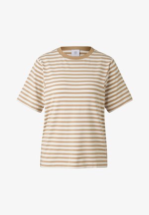 Striped cotton t-shirt with short sleeves, featuring alternating beige and white horizontal stripes and a round neckline.