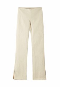 Pantaloni beige a gamba larga con spacco laterale all'orlo, realizzati in un tessuto morbido, dotati di una vita pulita e di un taglio dritto ed allungato.