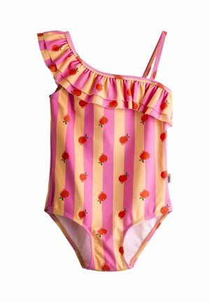Ét skulder pink og gul stribet badedragt med rødt kirsebærmønster og flæset halsudskæring, designet til børn.
