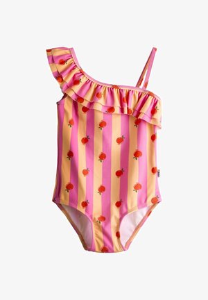 Bañador de un solo hombro a rayas rosas y amarillas con estampado de cerezas rojas y escote con volantes, diseñado para niños.