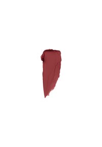 Échantillon de rouge à lèvres mauve mat étalé sur fond blanc montrant la texture et la couleur.