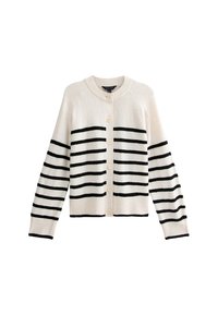 Gehaakte cardigan met een crème basis en zwarte horizontale strepen, met een ronde hals, knoopsluiting en ribbels aan de mouwen en onderkant.