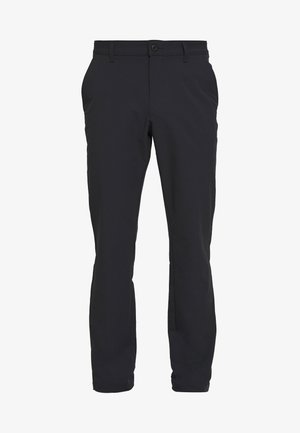 Pantalones negros de pierna recta con cierre de botones, trabillas para cinturón y bolsillos laterales, mostrados sobre un fondo blanco.