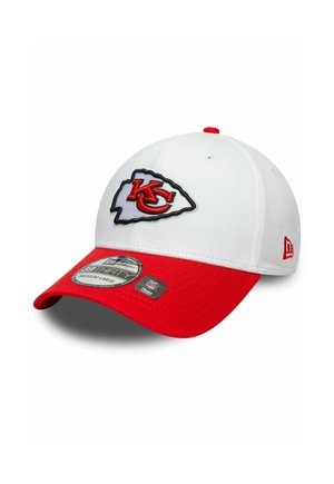 White baseball cap with a red visor, featuring a black outlined Kansas City Chiefs logo embroidered on the front and size sticker on the brim.