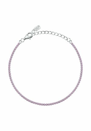 Silbernes Gliederarmband mit kleinen pinken Edelsteinen, Karabinerverschluss und verstellbaren Gliedern mit einem kleinen Anhänger, graviert mit "Laetitia Story."