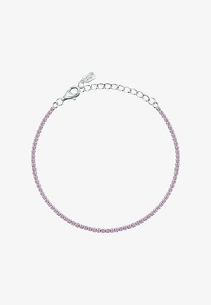 Sølvkæde armbånd med små pink ædelstene, hummerlås og justerbare led med et lille mærke indgraveret "Laetitia Story."