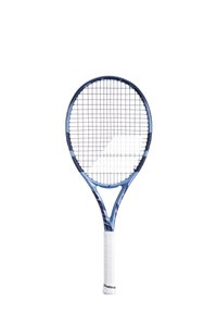 Blå og hvid tennisracket med et rundt hoved, gitterstrenge mønster og et hvidt greb. Har et slankt, moderne design.