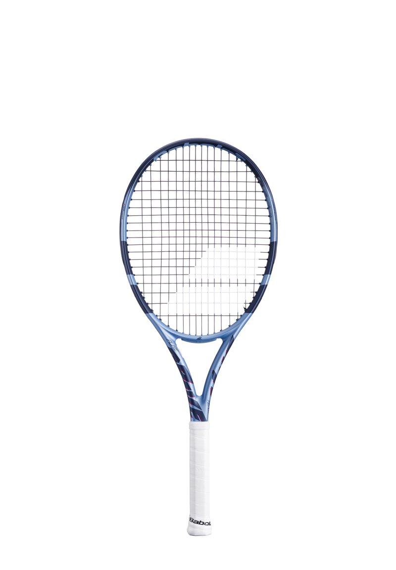 Blå og hvid tennisracket med et rundt hoved, gitterstrenge mønster og et hvidt greb. Har et slankt, moderne design.