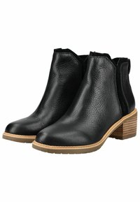 Bottines en cuir noir avec un dessus texturé, des panneaux latéraux élastiques et un talon en bois empilé. Bout rond et semelle en caoutchouc.