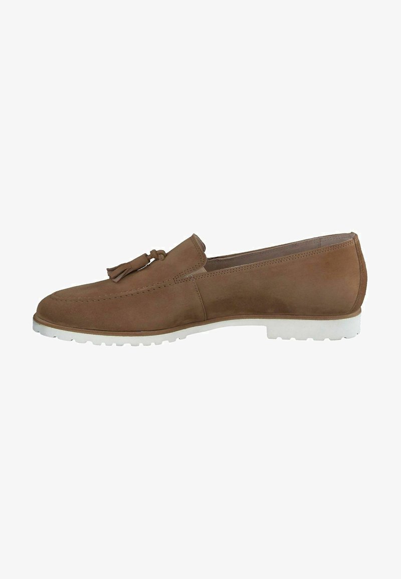 Brown suede loafers with a rounded toe, decorative tassel accent, and white rubber sole. The upper has smooth texture and stitching details.