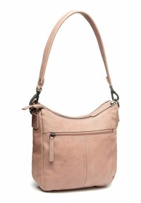 Sac à épaule en cuir rose avec une texture lisse, doté d'une fermeture éclair supérieure et d'une poche zip à l'avant. Accentué par des éléments en métal argenté.