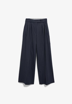 Marineblaue, breitbeinige Hosen mit Nadelstreifen, zwei Fronttaschen, plissiertem Design und Knopfverschluss am Bund. Glatter Stoff.