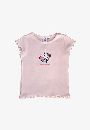 Maglietta rosa chiaro per bambini con maniche e orlo arricciati, con il personaggio Hello Kitty che tiene un cuore e la scritta "Hello Kitty" sotto.