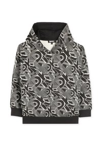 Sweat à capuche noir avec un motif géométrique blanc, doté d'une capuche à cordon de serrage, de poches avant et d'un ourlet côtelé. Fabriqué en tissu doux.