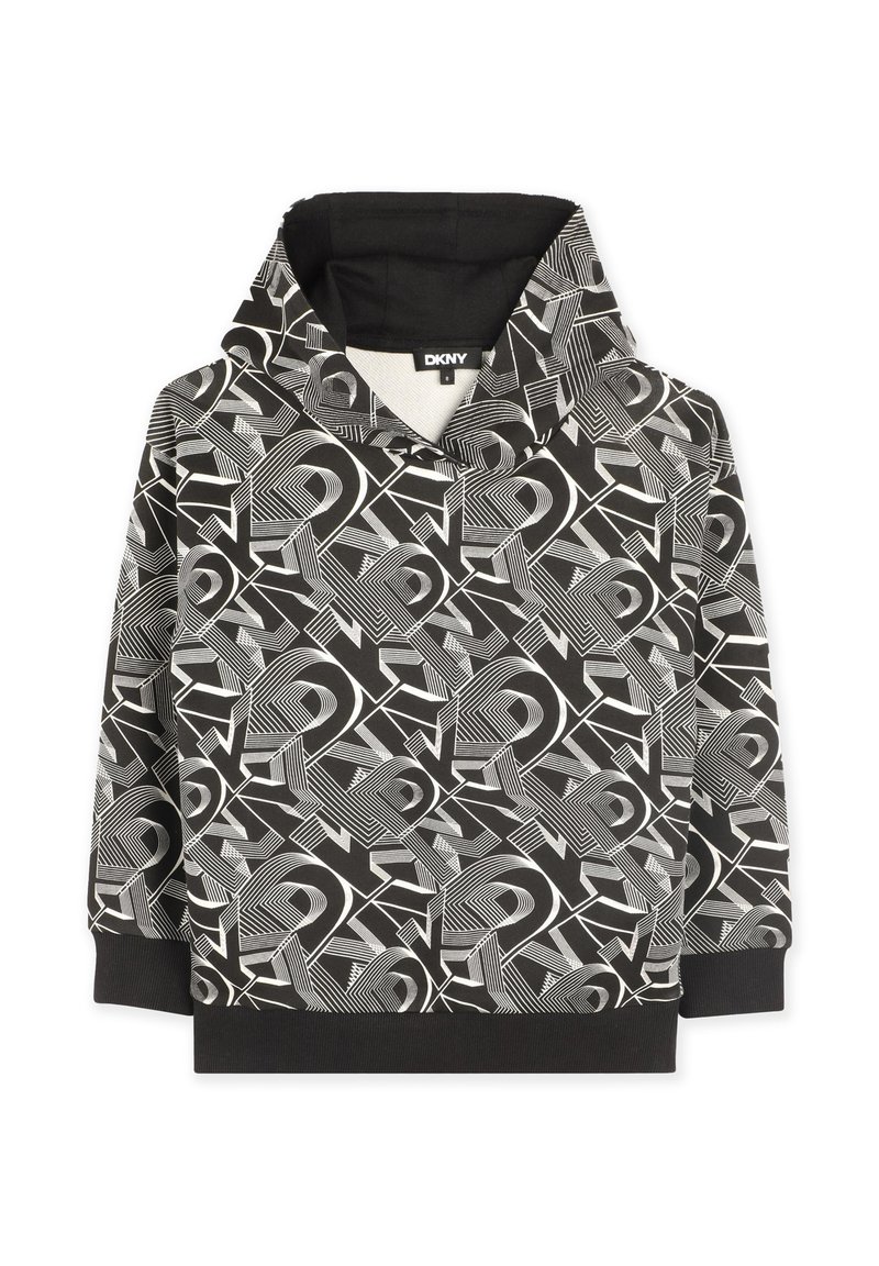 Sweat à capuche noir avec un motif géométrique blanc, doté d'une capuche à cordon de serrage, de poches avant et d'un ourlet côtelé. Fabriqué en tissu doux.