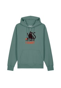 Mintgroene hoodie met een voorzak en een trekkoordkap. Heeft een zwarte kattengrafiek en de tekst "IK DOE WAT IK WIL" in het rood.