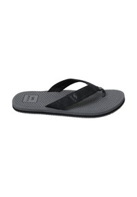 Black flip-flop sandal with a textured gray sole, characterized by a wide strap and lightweight design, featuring a honeycomb pattern.