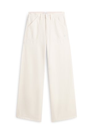 Pantalon large de couleur crème en tissu léger. Comprend deux poches avant et une fermeture à bouton. Design minimaliste aux lignes épurées.