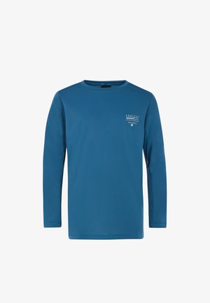Blauw sportshirt met lange mouwen, gemaakt van gladde stof, met een klein wit logo op de borst en een ronde halslijn.