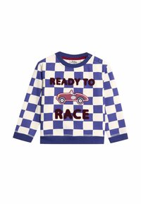 Felpa a maniche lunghe con un motivo a scacchi blu e bianchi. Presenta il testo ricamato "PRONTI A CORRERE" e un design di una macchina da corsa rossa.