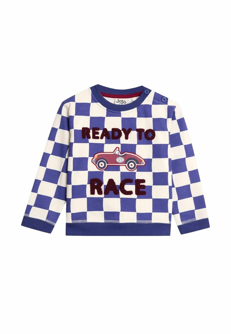 Felpa a maniche lunghe con un motivo a scacchi blu e bianchi. Presenta il testo ricamato "PRONTI A CORRERE" e un design di una macchina da corsa rossa.