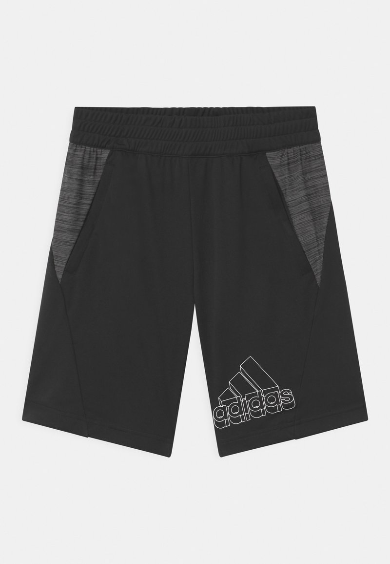 Shorts sportivi neri con un design traspirante, dotati di pannelli laterali grigi, vita elastica, tasche frontali e stampa del logo bianca.