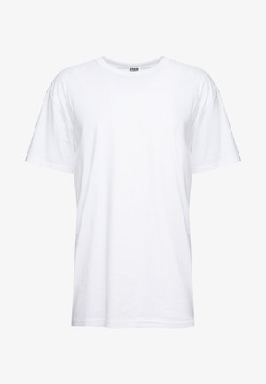 Weißes Baumwoll-T-Shirt mit rundem Halsausschnitt und kurzen Ärmeln. Der Stoff ist glatt mit einer lässigen Passform und ohne sichtbare Grafiken oder Muster.