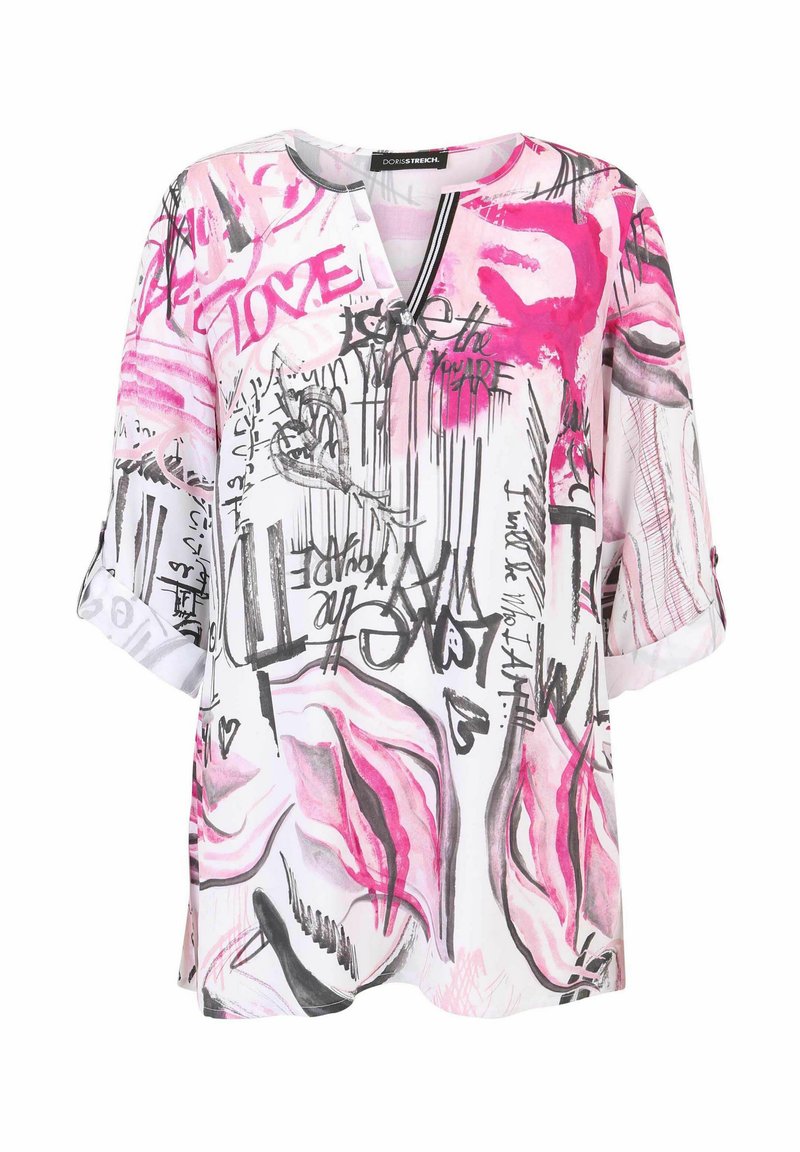 Lockere Bluse mit kurzen Ärmeln in Weiß mit pinkem und schwarzem Graffiti-Print. Mit V-Ausschnitt und umgeschlagenen Ärmeln, die eine subtile Textur aufweisen.