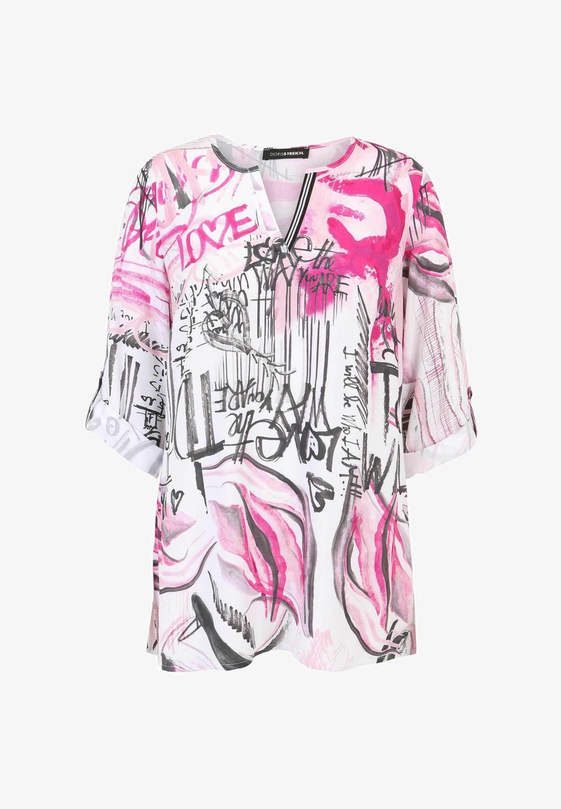 Lockere Bluse mit kurzen Ärmeln in Weiß mit pinkem und schwarzem Graffiti-Print. Mit V-Ausschnitt und umgeschlagenen Ärmeln, die eine subtile Textur aufweisen.