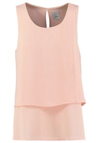 Beżowy top bez rękawów, wykonany z gładkiego materiału. Posiada warstwowy krój, okrągły dekolt oraz małe wycięcie w kształcie łezki z tyłu.
