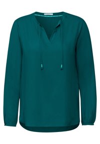 Blusa a maniche lunghe di colore teal, realizzata in tessuto morbido, con scollatura a V e stringhe, polsini arricciati e orlo dritto.