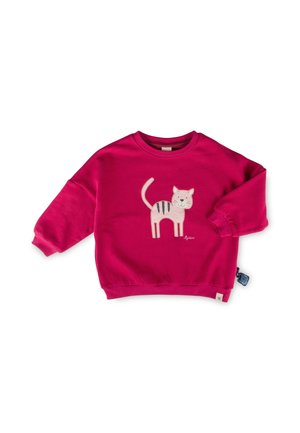 Helles pinkes Kinder-Langarm-Sweatshirt mit einem lächelnden hellrosa Katzenmotiv mit dunklen Streifen auf der Vorderseite.