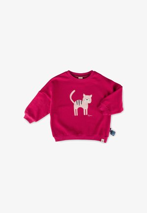 Helles pinkes Kinder-Langarm-Sweatshirt mit einem lächelnden hellrosa Katzenmotiv mit dunklen Streifen auf der Vorderseite.