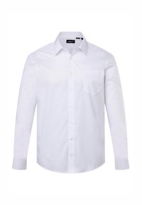 Witte langermige shirt van stevige stof, met een button-down kraag, een borstzak en een klassieke recht afgewerkte zoom. Eenvoudig ontwerp.