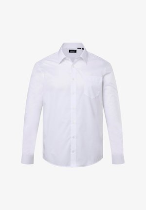 Witte langermige shirt van stevige stof, met een button-down kraag, een borstzak en een klassieke recht afgewerkte zoom. Eenvoudig ontwerp.
